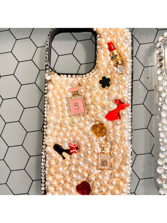 Handmade Accessories - Faux Pearl Embellished Phone Case with Fashion Charms